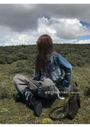 【FANGTING】Women American Vintage Washed Denim Jacket Fall Long Sleeve Lapel Short Coat