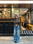 【FANGTING】Women's Half High Neck Zip Up Ribbed Knit Cardigan Slim Fit Short Sweater Coat