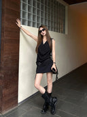 【FANGTING】Women Summer Black 2 Piece Set Draped Neck Top & A-Line Mini Skirt Outfit