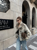 【FANGTING】Women Winter Leopard Print Faux Fur Coat Loose Short Warm Fur Lined Outerwear