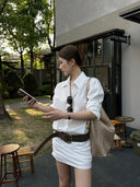 【FANGTING】Women White Lyocell Cotton Shirt Dress Summer Elegant Long Sleeve Bodycon Dress