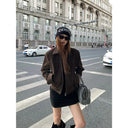 【FANGTING】Women Autumn Vintage Elegant 2 Piece Set Zipper Short Coat & Flocked Skirt Outfit