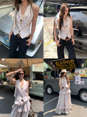 【MAR】Women Blend Two Piece Set Ribbon Vest Waistcoat Ruffle Layered Hem Maxi Skirt