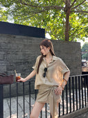 【FANGTING】Women Summer Linen Cotton 2 Piece Set V Neck Long Sleeve Shirt Mini Skirt Elegant Casual Matching Outfit