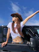 【FANGTING】Women's Crew Neck Printed Short Sleeve T-Shirt Autumn Letter & Number Design Casual Cotton White Top