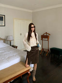 【MAR】Women Vintage Deconstructed Patchwork Skirt 2026 Spring Slim Brown Slit Midi Skirt