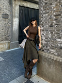 【FANGTING】 Women Spring Summer Irregular Skirt Post-Apocalyptic Style Maillard Brown Mid-Length Skirt