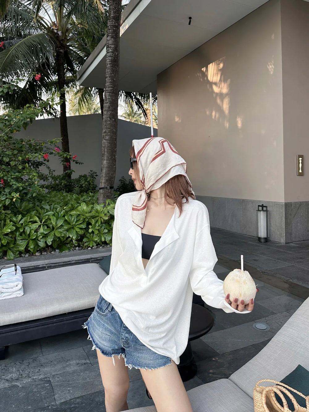 【FANGTING】Women Summer White V-Neck Long Sleeve Sun Protection Top Thin Loose Casual Cover Up Blouse