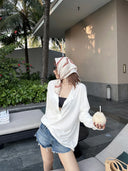 【FANGTING】Women Summer White V-Neck Long Sleeve Sun Protection Top Thin Loose Casual Cover Up Blouse
