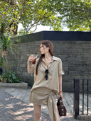 【FANGTING】Women Summer Linen Cotton 2 Piece Set V Neck Long Sleeve Shirt Mini Skirt Elegant Casual Matching Outfit