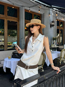【FANGTING】Women's White Vest Skirt Set Summer Top & Midi Skirt 2 Piece Outfits