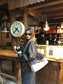 【FANGTING】Women Coffee PU Leather Bomber Jacket Fleece Collar Quilted Lined Short Moto Coat