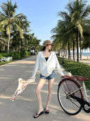 【FANGTING】Women Summer White V-Neck Long Sleeve Sun Protection Top Thin Loose Casual Cover Up Blouse