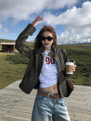 【FANGTING】Women's Crew Neck Printed Short Sleeve T-Shirt Autumn Letter & Number Design Casual Cotton White Top