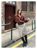 【MAR】Women's Autumn / Winter Retro Leopard Print High Waist Straight Slit Skirt Commute Style