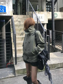 【FANGTING】Women's Cropped Trench Coat Spring Stand Collar Double Breasted Army Green Jacket