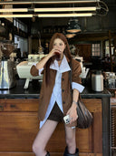 【FANGTING】Women's Coffee Brown Faux Suede Blazer Spring Elegant Luxury Business Suit Jacket
