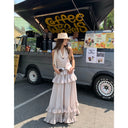 【MAR】Women Blend Two Piece Set Ribbon Vest Waistcoat Ruffle Layered Hem Maxi Skirt