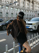 【FANGTING】Women Autumn Vintage Elegant 2 Piece Set Zipper Short Coat & Flocked Skirt Outfit