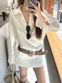 【FANGTING】Women's White Shirt Dress Set Spring Summer Blouse & Short Skirt 2 Piece Outfits
