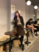 【FANGTING】Women Autumn Vintage Elegant 2 Piece Set Zipper Short Coat & Flocked Skirt Outfit