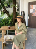 【FANGTING】Women's Khaki Shirt & Skirt Set Spring Casual Top & Skirt Two Piece Outfit