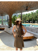 【MAR】Elegant V Neck Vest Skirt Set Women Summer Sleeveless High Grade Two Piece Outfit