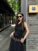 【FANGTING】Simple Smart Black Dress Drawstring Waist Maxi Dress Vacation Style Dress