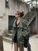 【FANGTING】Women's Cropped Trench Coat Spring Stand Collar Double Breasted Army Green Jacket