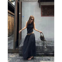 【FANGTING】Simple Smart Black Dress Drawstring Waist Maxi Dress Vacation Style Dress