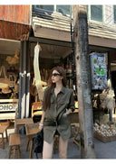 【FANGTING】Women's Army Green Shirt Spring Summer New Cargo Style Epaulet Blouse Coat