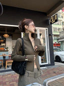 【FANGTING】Women's Half High Neck Zip Up Ribbed Knit Cardigan Slim Fit Short Sweater Coat