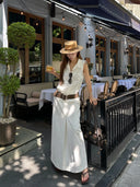 【FANGTING】Women's White Vest Skirt Set Summer Top & Midi Skirt 2 Piece Outfits