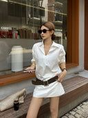 【FANGTING】Women's White Shirt Dress Set Spring Summer Blouse & Short Skirt 2 Piece Outfits