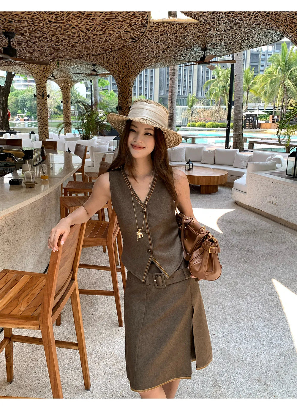 【MAR】Elegant V Neck Vest Skirt Set Women Summer Sleeveless High Grade Two Piece Outfit