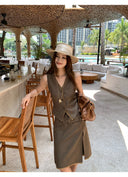 【MAR】Elegant V Neck Vest Skirt Set Women Summer Sleeveless High Grade Two Piece Outfit