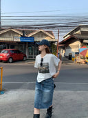 【FANGTING】 Women Summer Denim Skirt Vintage Washed Frayed Hem Blue Versatile A-Line Skirt