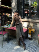 【FANGTING】 Women Spring Summer Irregular Skirt Post-Apocalyptic Style Maillard Brown Mid-Length Skirt