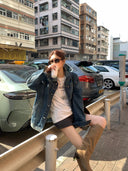 【FANGTING】Women's Vintage Denim Jacket Spring Loose Dark Blue Washed Casual Cargo Coat