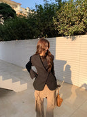 【MAR】Minimalist Black Oversized Blazer Women Mid-Length Double Breasted Suit Jacket Commute Top