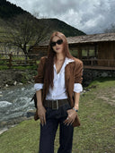 【FANGTING】Women's Coffee Brown Faux Suede Blazer Spring Elegant Luxury Business Suit Jacket